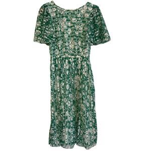 VTG Mary Martin Florida 1960's Floral Sheer Flutter Sleeve Dress Green 8
